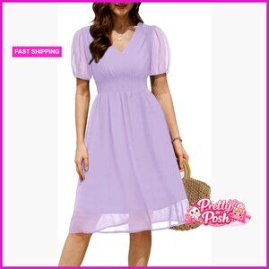 Chiffon Casual Dress V-Neck Short Sleeves Smocked Waist A-Line Knee Length